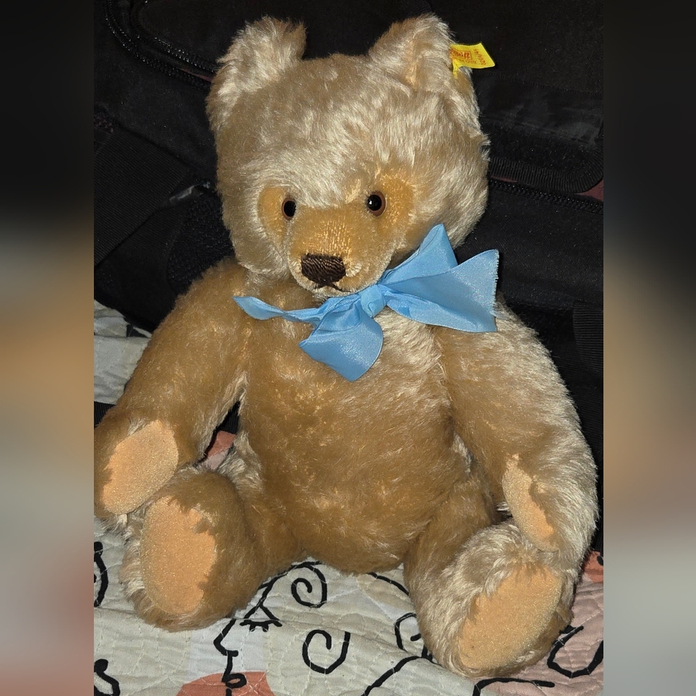 Vintage Steiff Mohair 16" Jointed Teddy Bear with Blue Bow